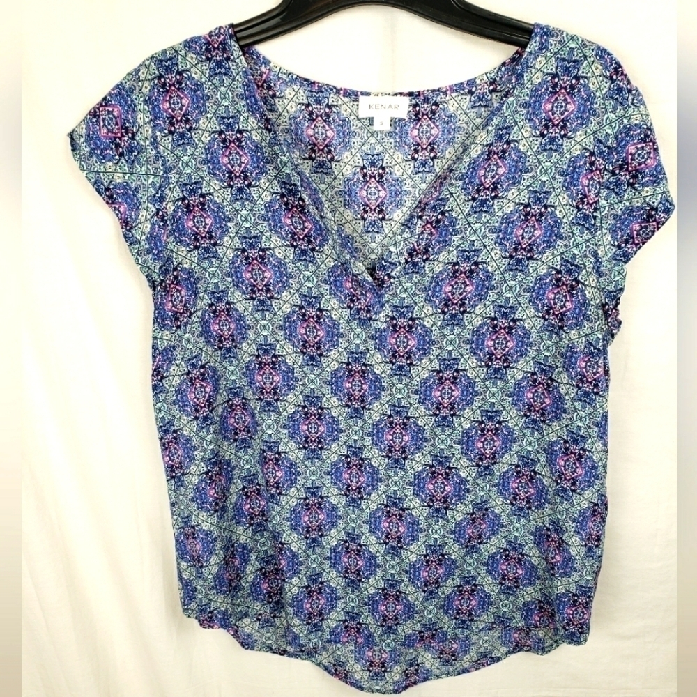 Kenar Blue Multicolored Geometric Shapes Short Sleeve Shirt Sz S
